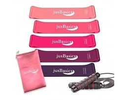 JusBasics Resistance Loop Band Set with Free Jump Rope Adjustable Jump Ropes Skipping Rope and Resistance Workout Mini Bands Home Fitness Gym Slim Body Strength Training Speed Training Women & Men