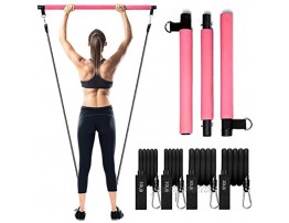 MALOOW Pilates Exercise Stick Kit with 4 2 Strong & 2 Standard Resistance Bands，Portable Compact 3-Section Yoga Resistance Bands for Legs and Butt Pilates Bar with Foot Strap for Full Body Workout