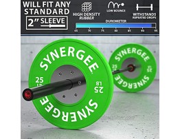 Synergee Competition Bumper Plates. Olympic Weight Plates Color Coded with Steel Inserts for Weightlifting. Low Bounce Rubber Steel and Chrome Bumper Plates. Sold in Singles.
