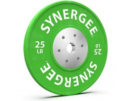 Synergee Competition Bumper Plates. Olympic Weight Plates Color Coded with Steel Inserts for Weightlifting. Low Bounce Rubber Steel and Chrome Bumper Plates. Sold in Singles.