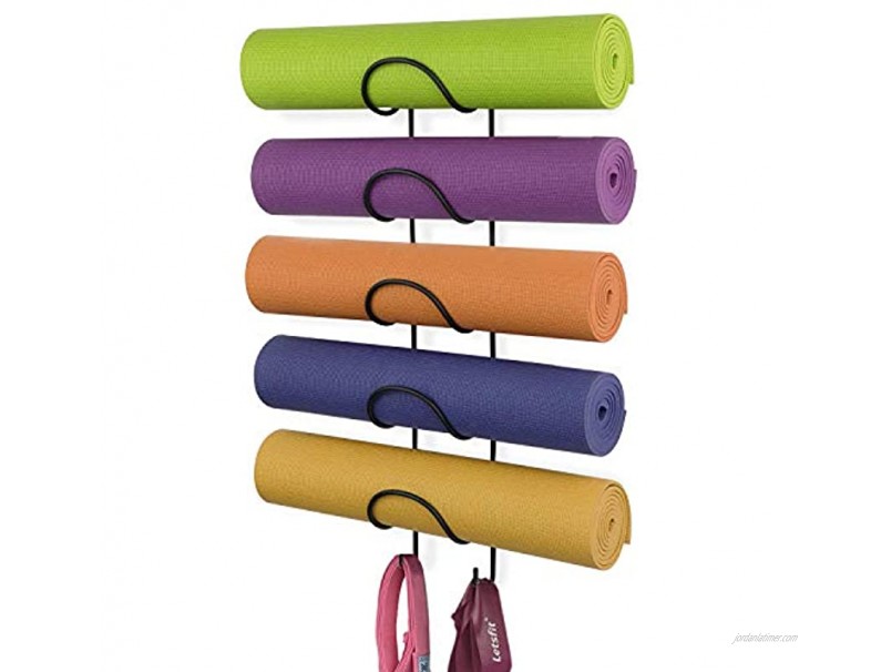 Wallniture Moduwine Yoga Mat Storage Rack Towel Rack with Hooks for Hanging Yoga Strap Resistance Bands for Home Gym & Studio 5-Tier Metal Black