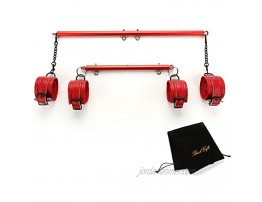 EXREIZST Adjustable 2 Spreader Bar with 4 Leather Straps Set Home Gyms Sports Fitness Aid Training Set Red
