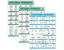 3 Pack Kettlebell Workouts Volume 1 & 2 + Stretching Exercises Poster Set Set of 3 Workout Charts [LIGHT] LAMINATED 18” x 24”