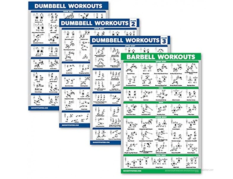 Palace Learning 4 Pack Dumbbell Workout Posters Volume 1 2 & 3 + Barbell Exercise Chart Set of 4 Posters