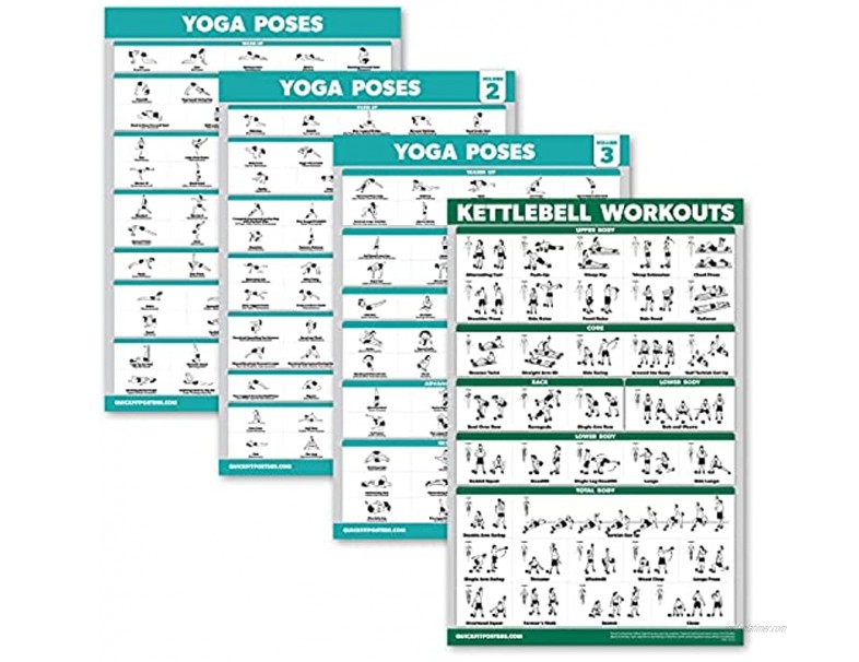 Palace Learning 4 Pack: Yoga Poses Posters Volume 1 2 & 3 + Kettlebell Workout Exercise Chart