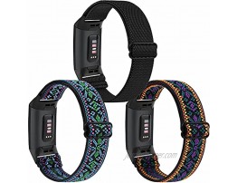 [3 Pack] Adjustable Elastic Bands Compatible with Fitbit Charge 4 Charge 3 Charge 4 SE Soft Stretchy Loop Bracelet Women Men Replacement Wristbands Black Boho Purple Boho Green