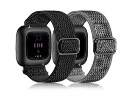 Fuleda Elastic Bands Compatible with Fitbit Versa 2 Band Women Men 2Pack Soft Adjustable Nylon Breathable Sport Band for Versa Versa 2 Versa Lite SE Smartwatch Loop Stretchy Wristband Black & Gray
