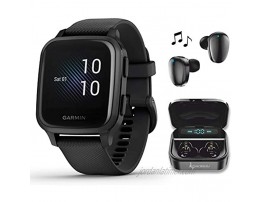 Garmin Venu Sq Music GPS Best Multisport Fitness Smartwatch Black Slate with Wearable4U Black Earbuds with Charging Power Bank Case Bundle